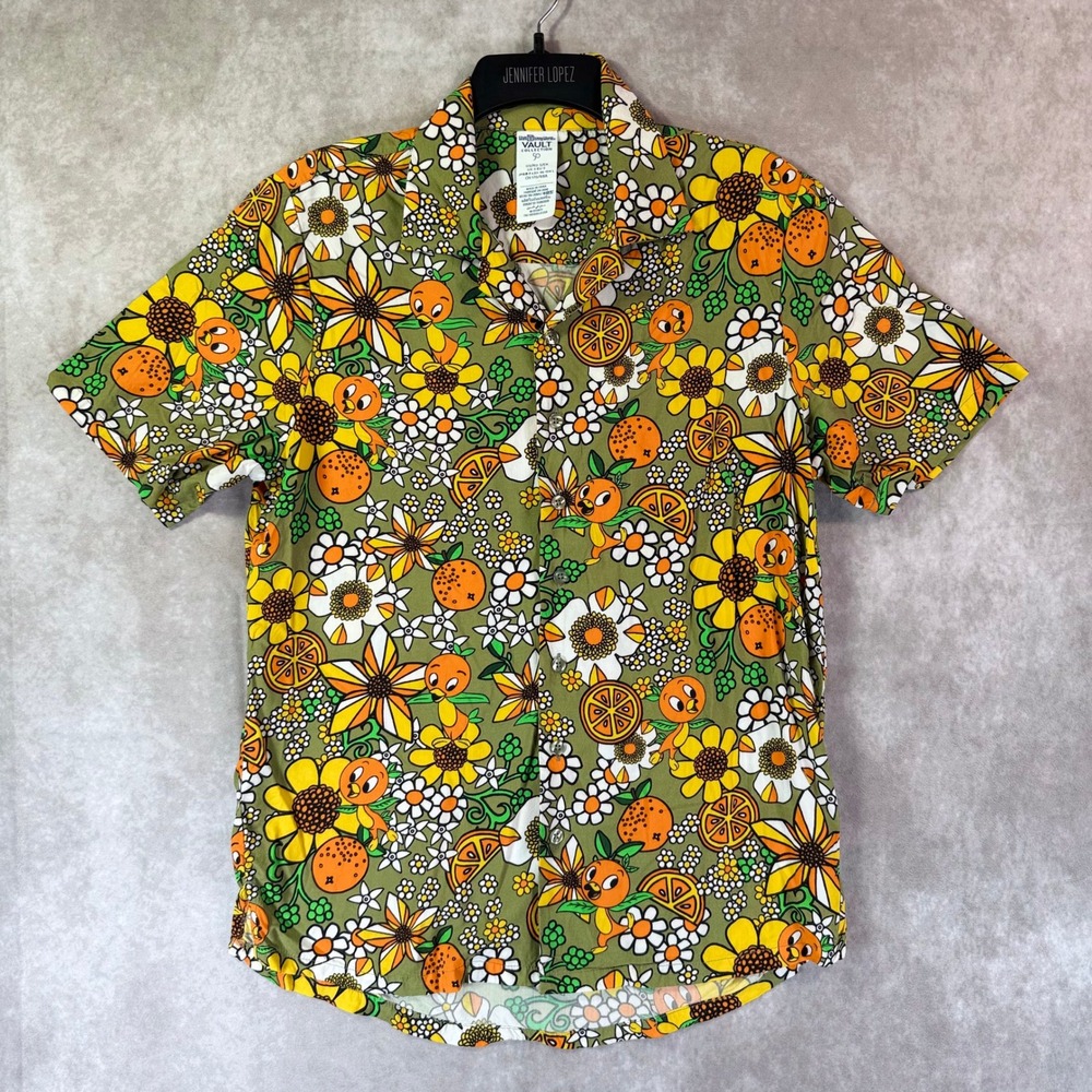 Disney Vault Collection Shirt Men Small Green Orange Bird Floral Retro Button Up